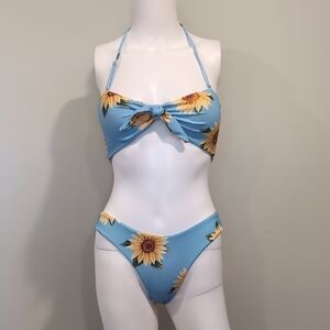 Zaful Blue And Yellow Sunflower Tie Front Halter Matching Bikini Set Size Small
